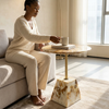 Round Marble-Style Pedestal Side Table