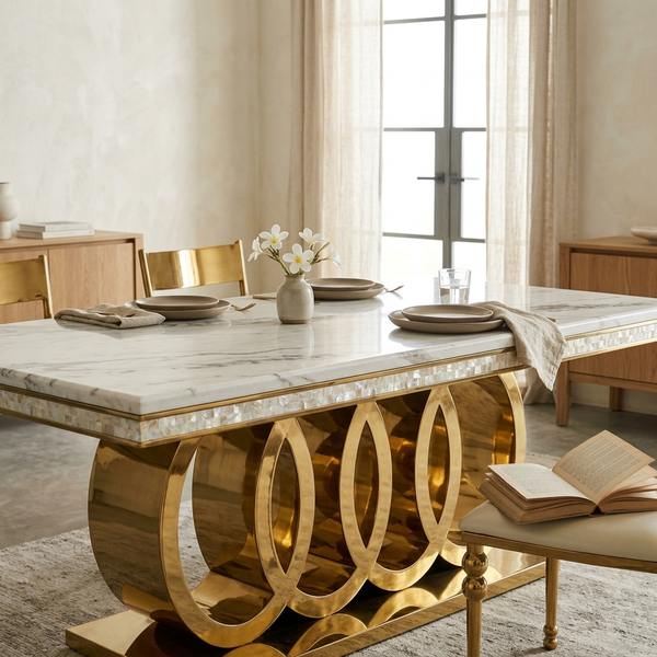 Modern Rectangular Dining Table with Decorative Metal Base