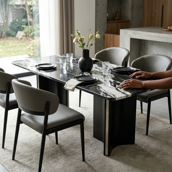 Modern Dark Marble-Look Dining Table and Chair Set