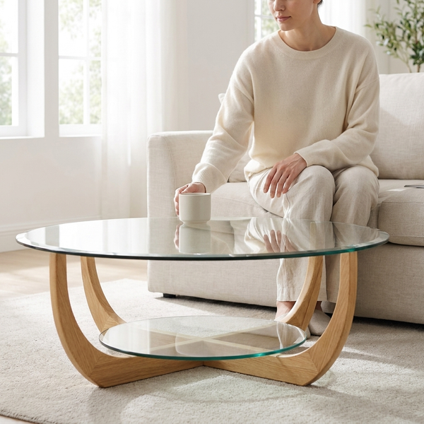 Round Glass Coffee Table with Curved Wood Base