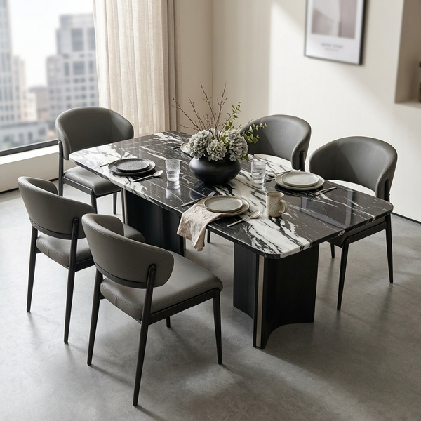 Modern Dark Marble-Look Dining Table and Chair Set