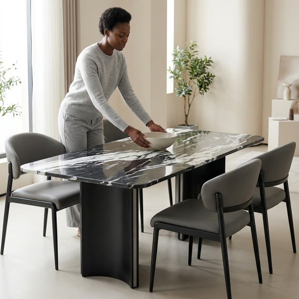 Modern Dark Marble-Look Dining Table and Chair Set