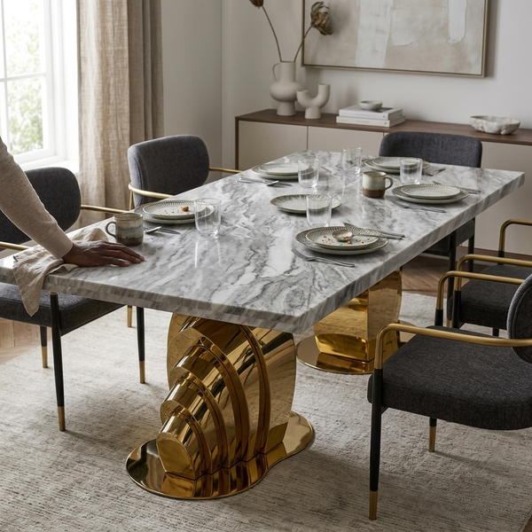 Grey Marble Dining Table with Gold Fan Base