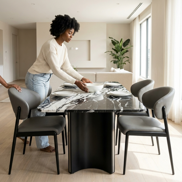 Modern Dark Marble-Look Dining Table and Chair Set