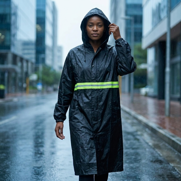 Long Hooded Raincoat with Reflective Stripe