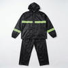 One Size Rain Coat with Reflective Strips displayed in a two-piece design, featuring a hood and reflective strips for visibility.