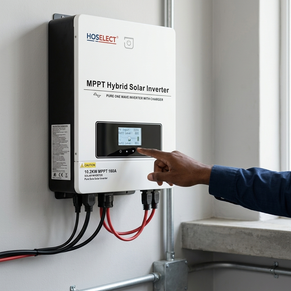 48V 10.2kW MPPT Hybrid Solar Inverter with Wi-Fi mounted on wall, displaying settings.