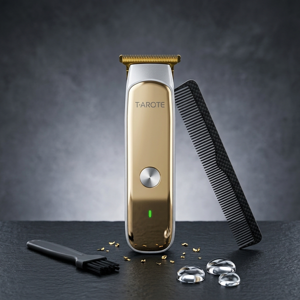 Hair Clipper - Rechargeable Cordless Hair Trimmer with gold design, comb, and cleaning brush on a dark background.
