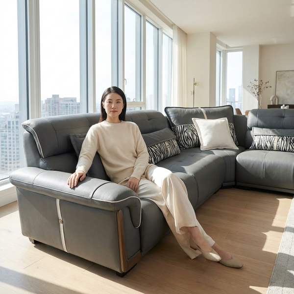 L-Shaped Sectional Sofa in a modern living room with a woman seated comfortably on it.