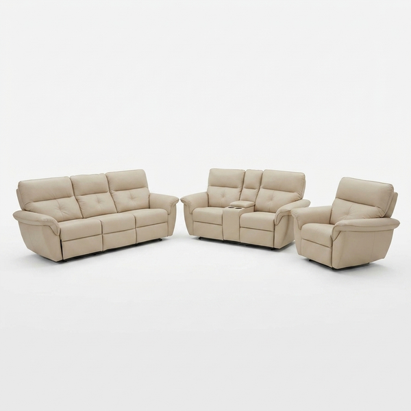 3-Piece Reclining Sofa Set featuring a spacious sofa, a reclining loveseat with console, and a matching recliner chair.