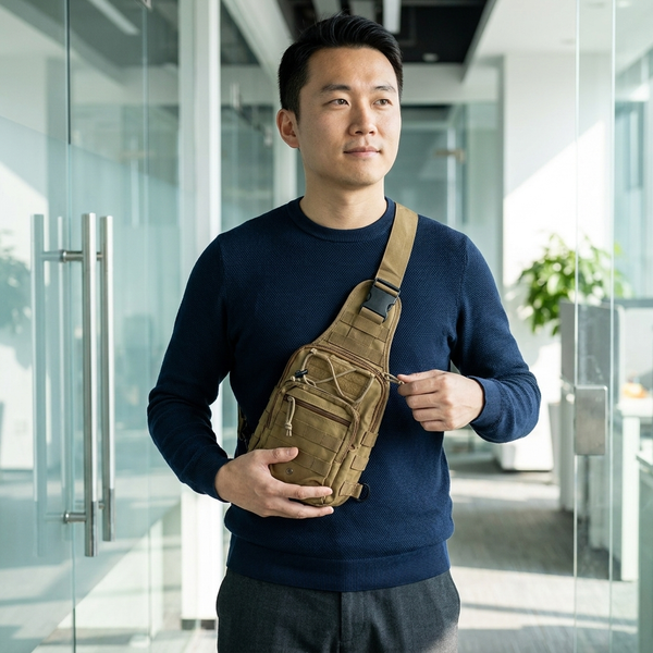 Man wearing a Single Strap Backpack with multiple storage pockets in a modern office setting.