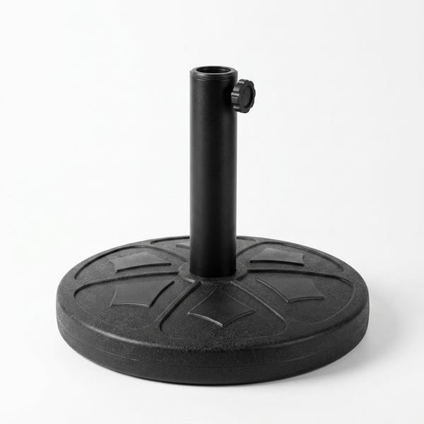 Round Outdoor Umbrella Base with Adjustable Pole Holder featuring a black round base and vertical pole holder.