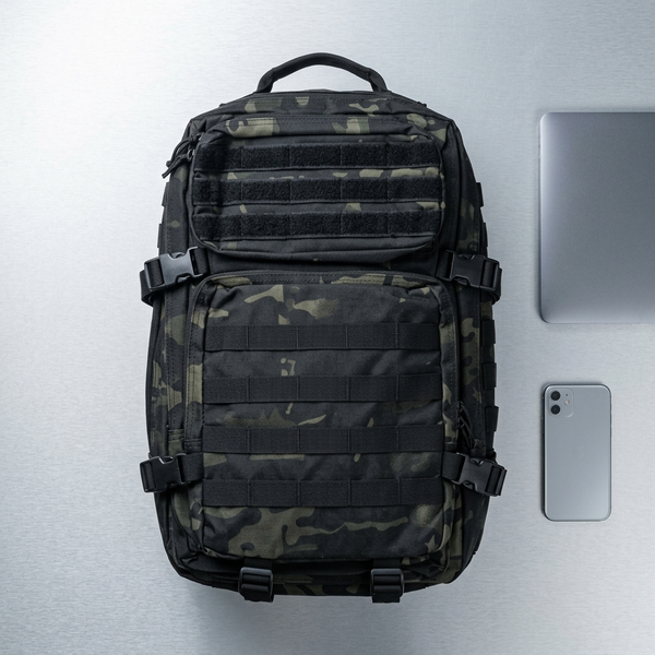 Sentinel Core Camouflage Daypack placed on a table with a laptop and smartphone.