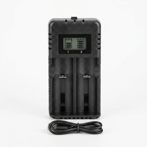 Double Battery Charger for 18650, 16340, 14500 batteries with two-bay design and charging indicators.