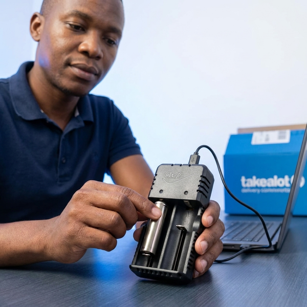 Man using a Double Battery Charger to charge batteries, showcasing its two-bay design and convenience.