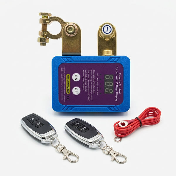 Car Battery Protector ON & OFF Switch with remote controls and voltage display in a high-current battery switch.