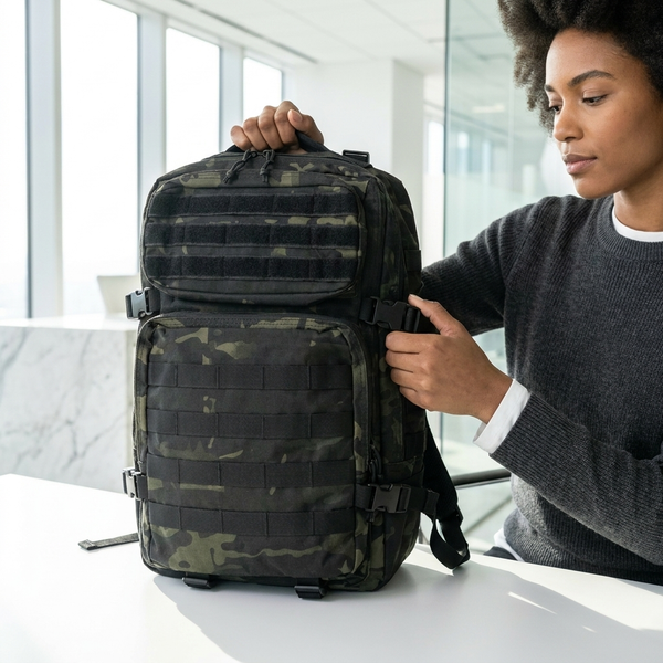 Sentinel Core Camouflage Daypack displayed by a person in an office setting, showcasing its organized compartments.