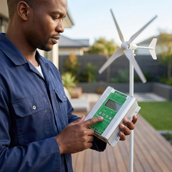 Man operating the Solar MPPT Controller for the 48V 1500W Wind Turbine with Solar MPPT Controller.