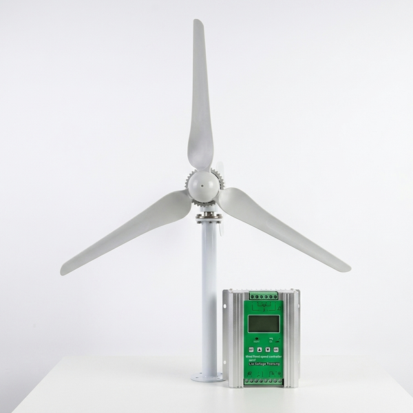 24V 600W Wind Turbine and Solar MPPT Controller showcasing a wind turbine next to a green hybrid controller.