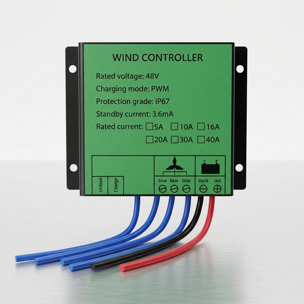 48V 400W PWM Wind Turbine Controller for Gel Battery with wiring ports and specifications on a green label.