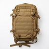 Tactical Coyote Brown Rucksack shown from above with multi-compartment design and adjustable straps.