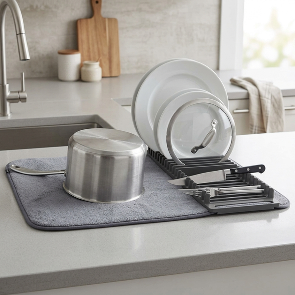 Space Saving Large Charcoal Dish Rack Microfiber Drying Mat