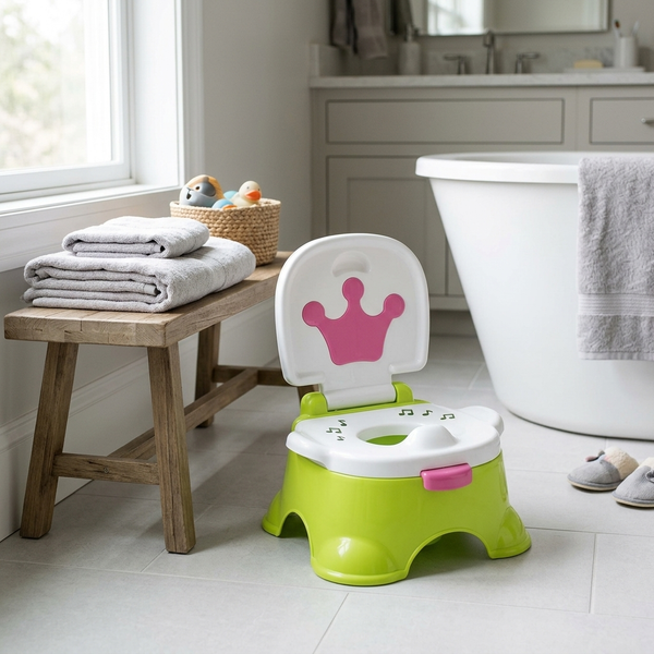 Musical Toddler Potty Training Chair in a bathroom setting with towels and a bathtub.