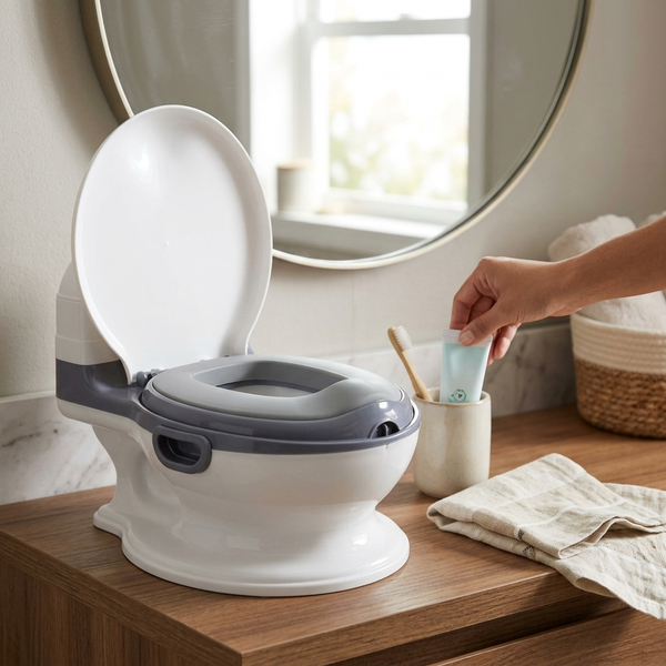 Portable Toilet Chair with Removable Seat on a wooden surface in a bathroom setting.