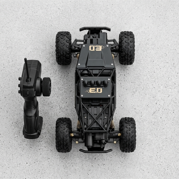 4WD Remote Control Off-Road Rock Crawler Truck and remote controller on a concrete surface.