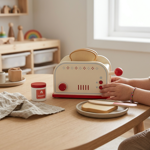 Child using the Wooden Pop-Up Toaster Playset with Breakfast Accessories on a wooden table with toast and honey.