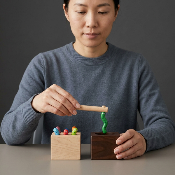 Wooden Magnetic Worm Catching Game Educational Toy with a child using a magnetic wand to catch colorful worms.