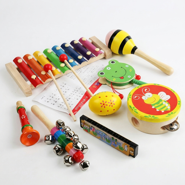 Colorful Wooden Musical Instrument Set for Kids featuring xylophone, maracas, and other percussion instruments.