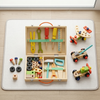 Kids Wooden Tool Set with Portable Storage Case featuring vibrant tools and toys for imaginative roleplay.