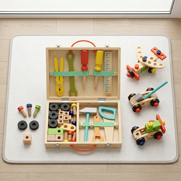 Kids Wooden Tool Set with Portable Storage Case featuring vibrant tools and toys for imaginative roleplay.