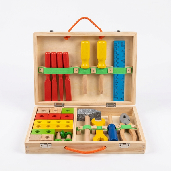 Kids Wooden Tool Set with Portable Storage Case featuring colorful wooden tools and organized compartments.