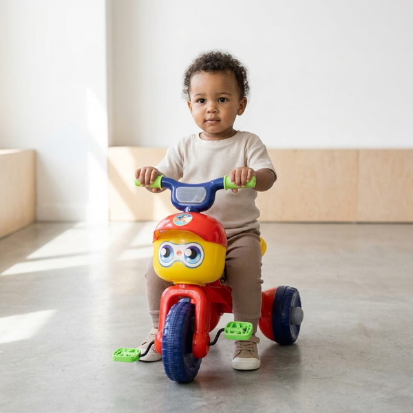 A young child riding the Kids First Pedal Tricycle Ride-On Toy, smiling while enjoying a fun indoor experience.