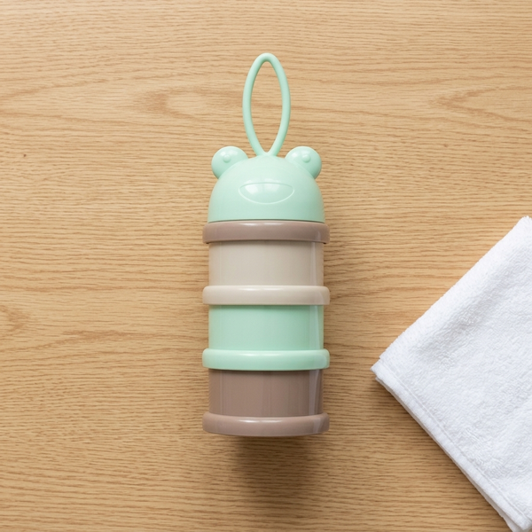 3-Compartment Baby Formula & Snack Dispenser in pastel colors on a wooden table.