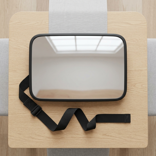 Rear Seat Baby Car Mirror with Adjustable Strap on wooden surface, showcasing its wide reflective surface and strap design.
