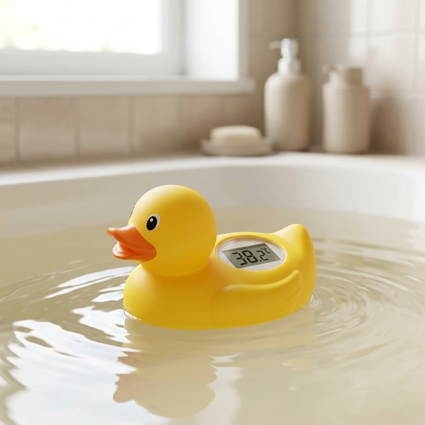 Digital Floating Baby Bath Duck Thermometer floating in water displaying temperature.