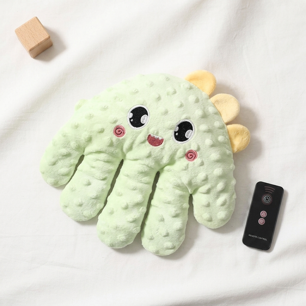 Plush Electric Soothing Dinosaur Massager Cushion & Remote with a cute dinosaur design and wireless remote control.