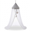 Hanging Nursery Mosquito Net Canopy with Pom-Poms over crib, featuring grey fabric dome and decorative pom-poms.
