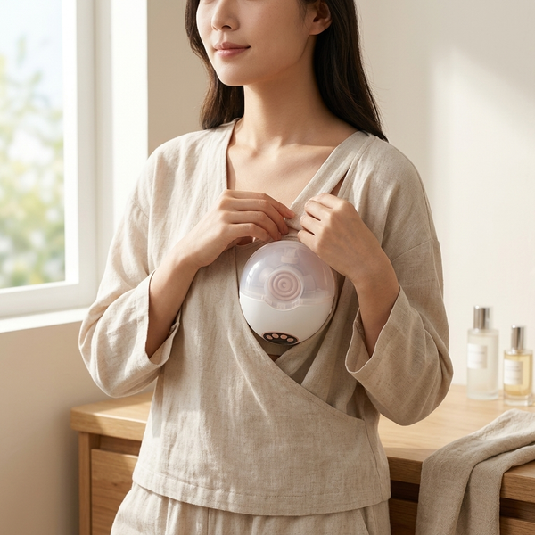 MV-362 Wearable Electric Breast Pump used by a woman in a comfortable setting for hands-free milk expression.