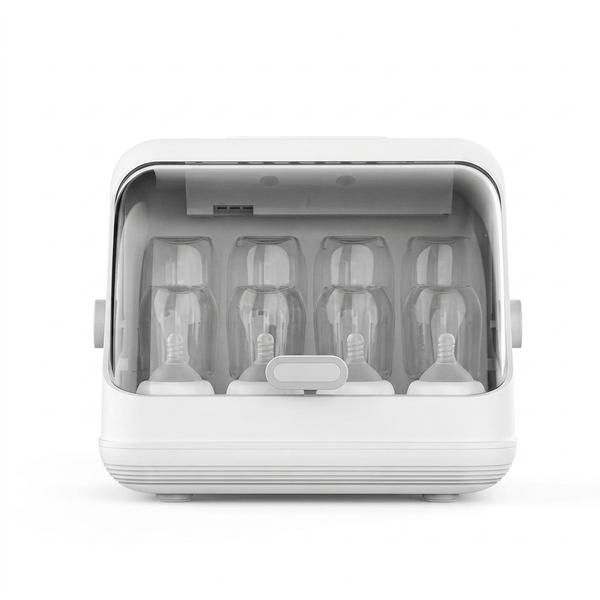 Automatic Baby Bottle Sterilizer and Dryer with multiple bottles inside and transparent lid.
