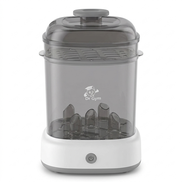 Electric Steam Baby Bottle Steriliser with multiple bottle pegs and clear top for easy operation.