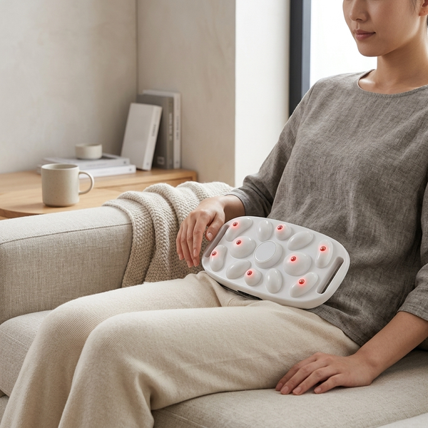 User relaxing on a sofa using the Large Area Vibrating Abdominal Massage Device for an abdominal massage experience.