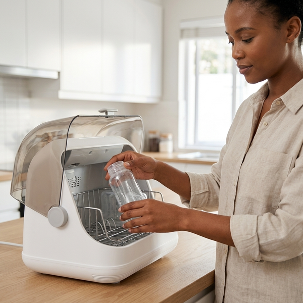 Automatic Baby Bottle Sterilizer and Dryer in use, showcasing a woman placing a bottle inside it.