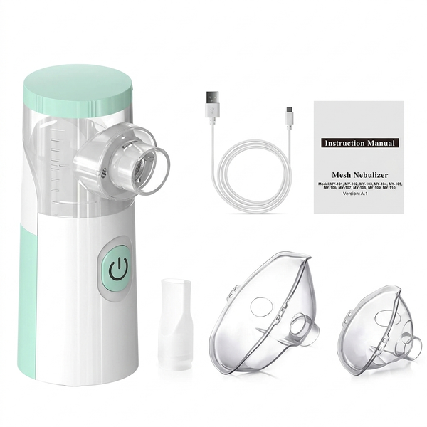 Portable Mesh Nebulizer with Masks and USB Cable, includes masks, mouthpiece, USB cable, and manual.