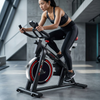 Indoor Spin Bike with Digital Display & Flywheel in modern home gym setting with user in workout attire.