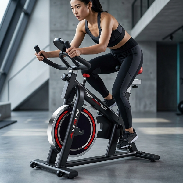 Indoor Spin Bike with Digital Display & Flywheel in modern home gym setting with user in workout attire.