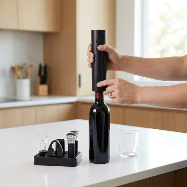 Electric Wine Opener Set with Bottle Accessories in a kitchen, featuring an opener and wine accessories on a compact base.